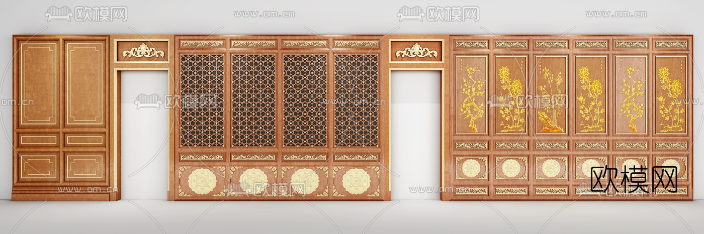 中式实木门雕花护墙板组合3D模型下载