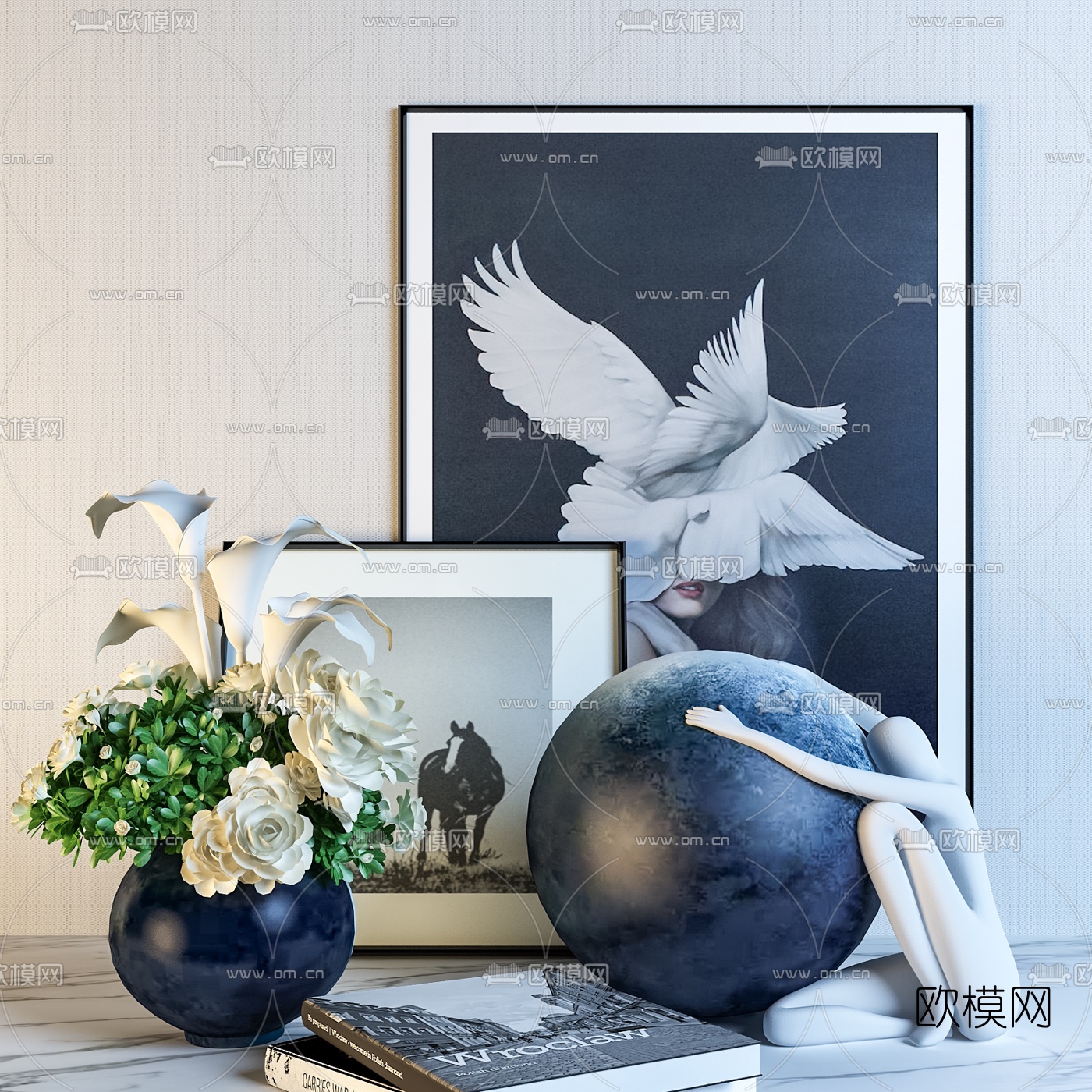 现代花瓶花卉书籍挂画饰品摆件3d模型