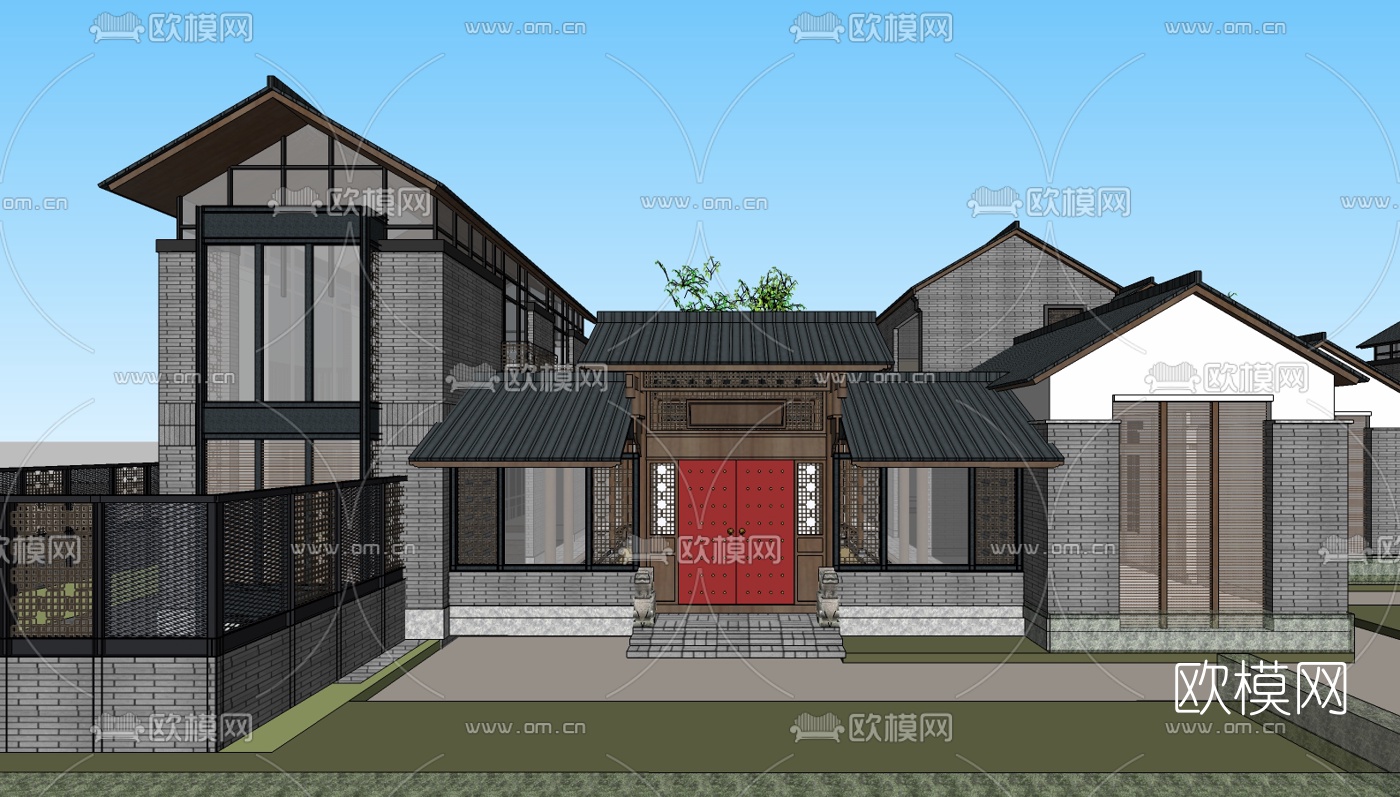 新中式四合院su模型下载（渲染图1）