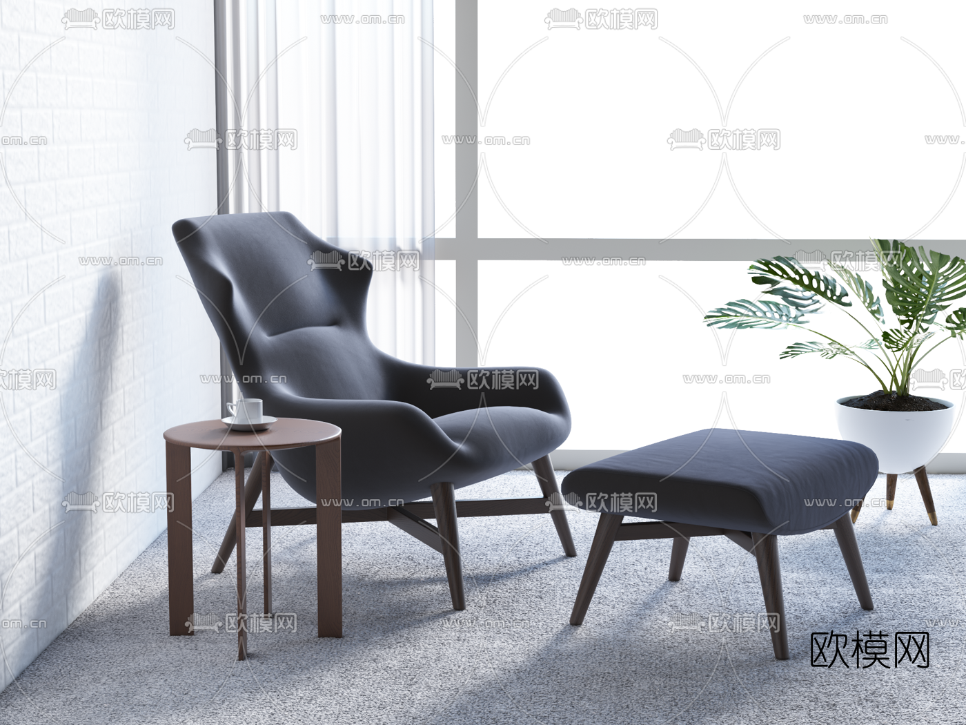 北欧实木布艺躺椅3d模型下载