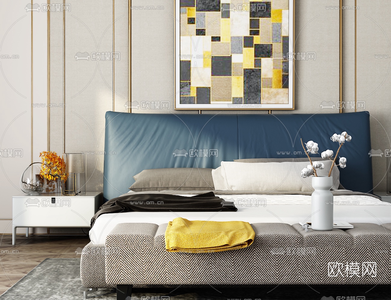 现代皮革双人床床头柜脚踏组合3D模型下载