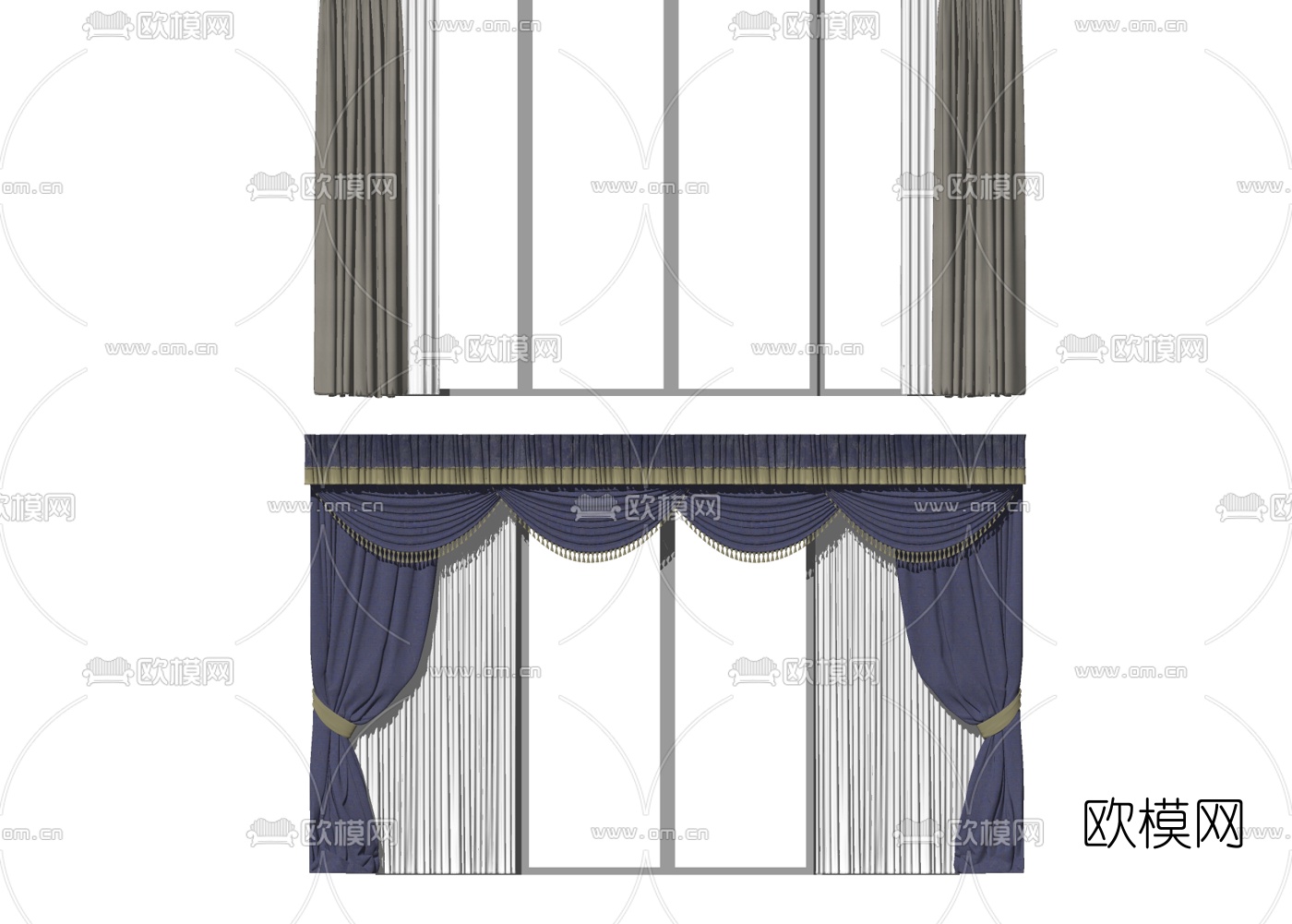 简欧布艺窗帘su模型下载