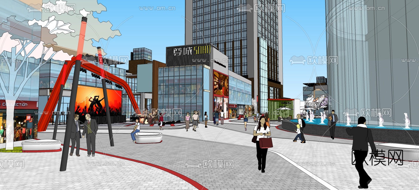 现代商业广场景观设计su模型下载（渲染图2）