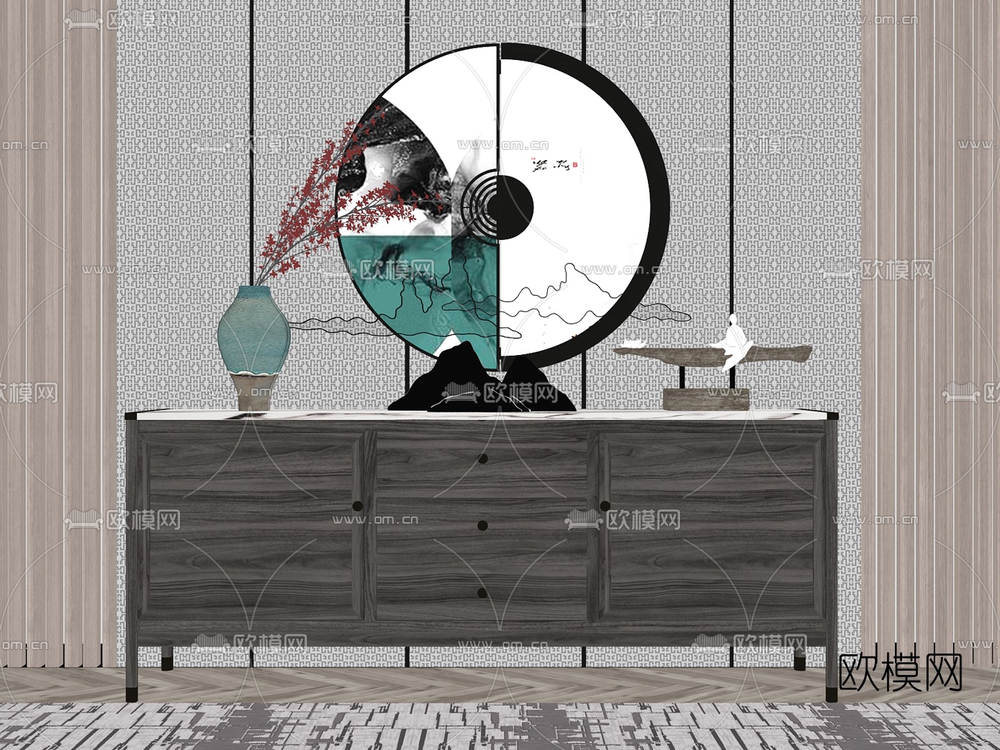 新中式轻奢端景柜su模型下载（渲染图2）