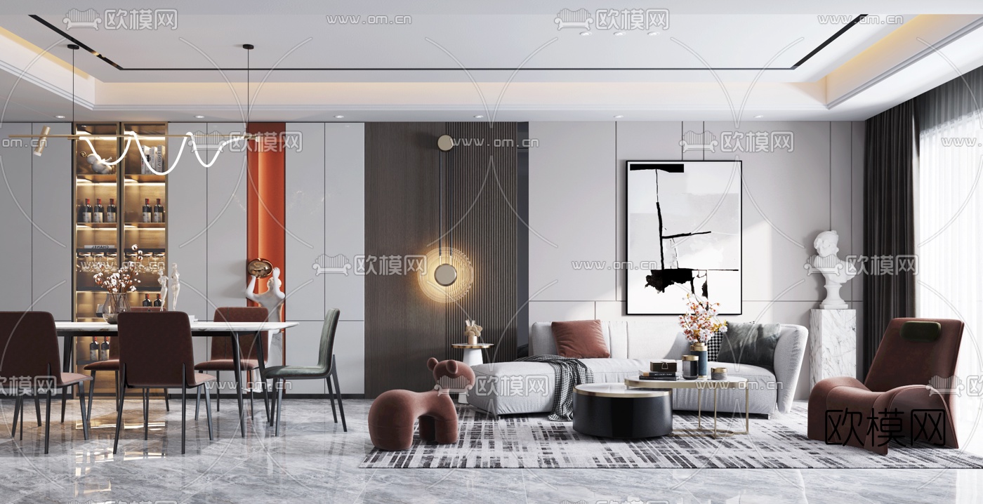 现代客厅餐厅3d模型下载（渲染图2）
