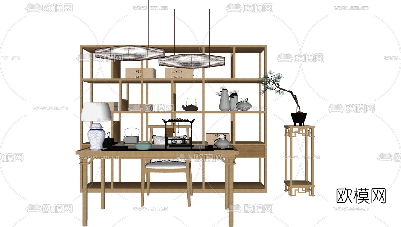 新中式书桌椅组合su模型下载（渲染图1）