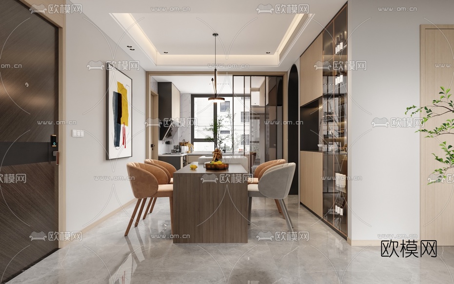 现代客厅餐厅3d模型下载(渲染图5)