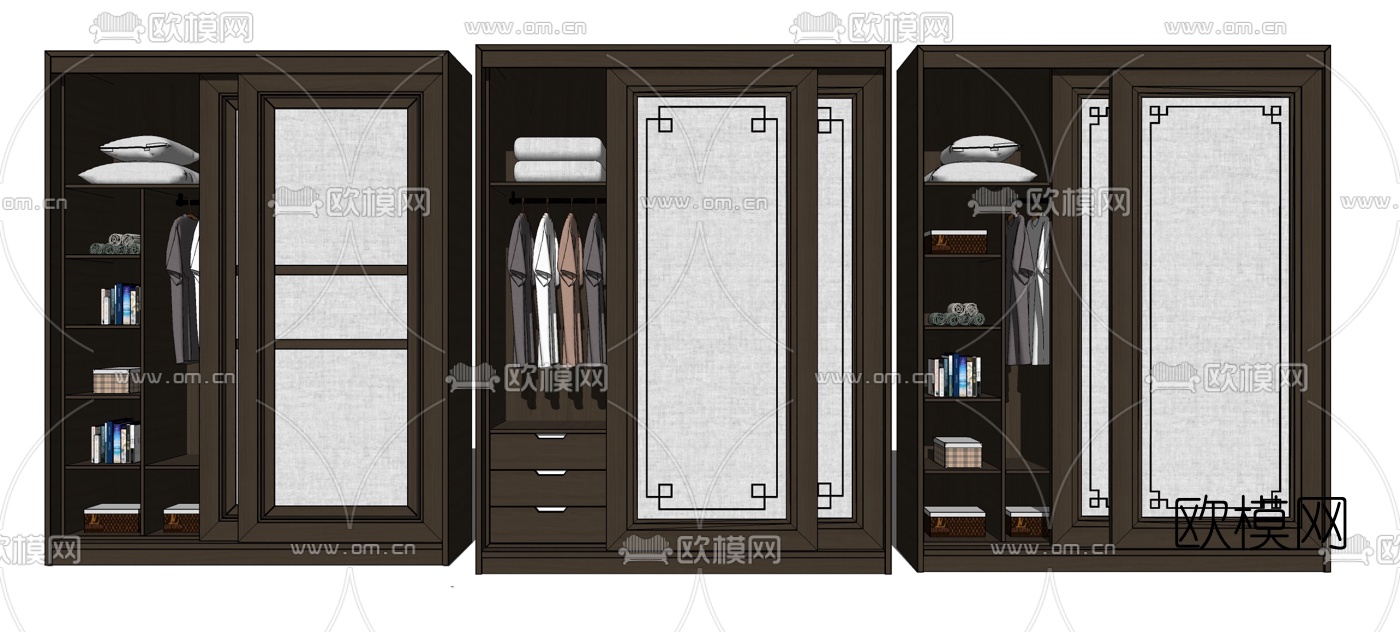 新中式滑门衣柜组合su模型下载