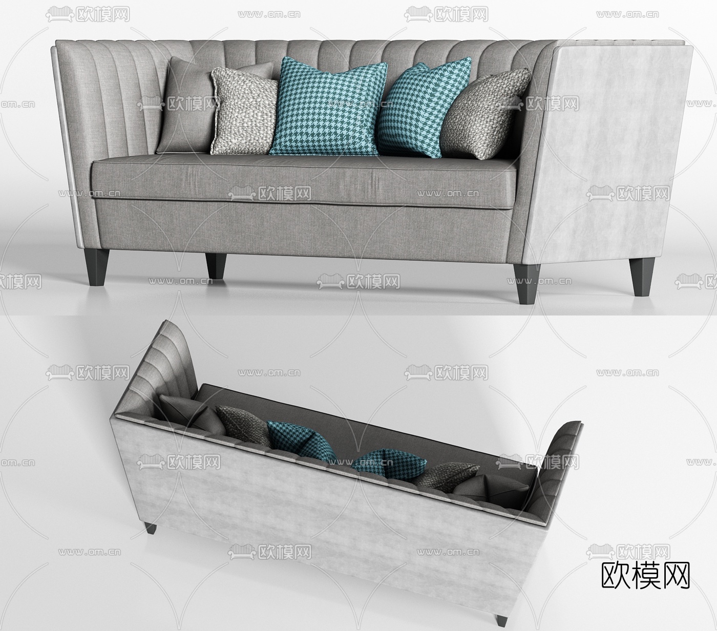现代灰色布艺多人沙发枕头组合3D模型下载_ID10053657_3dmax免费模型-欧模网