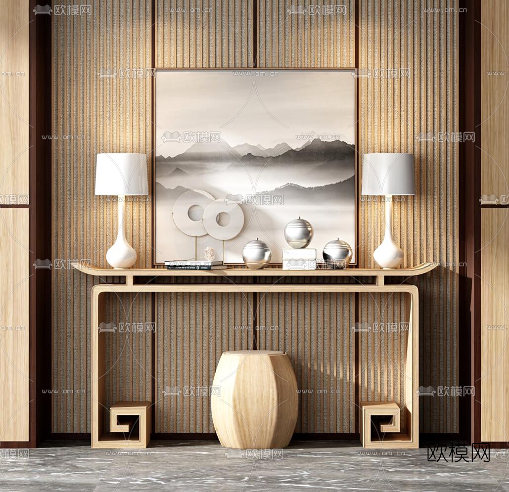 中式实木端景台台灯摆件装饰画组合3D模型下载