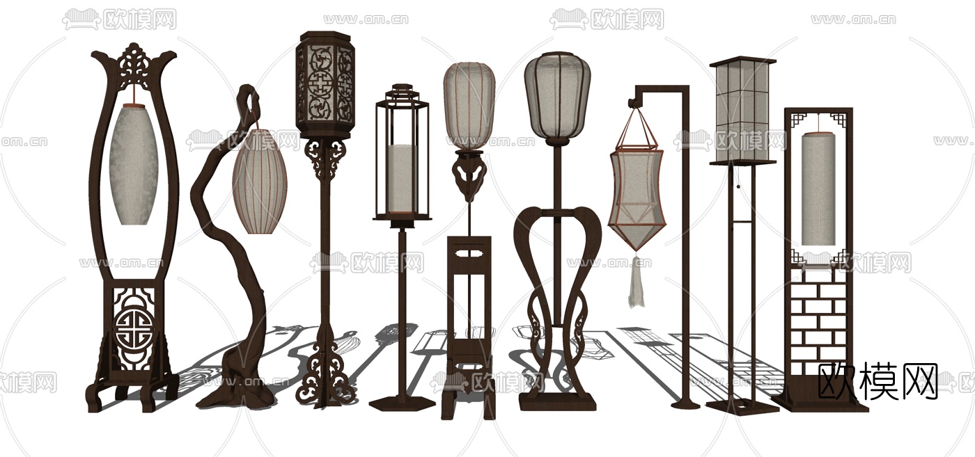 中式实木落地灯组合su模型下载