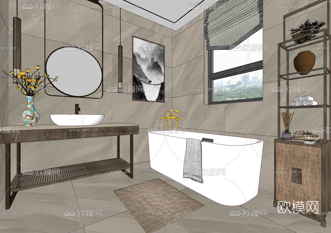 新中式浴室卫生间su模型下载（渲染图1）