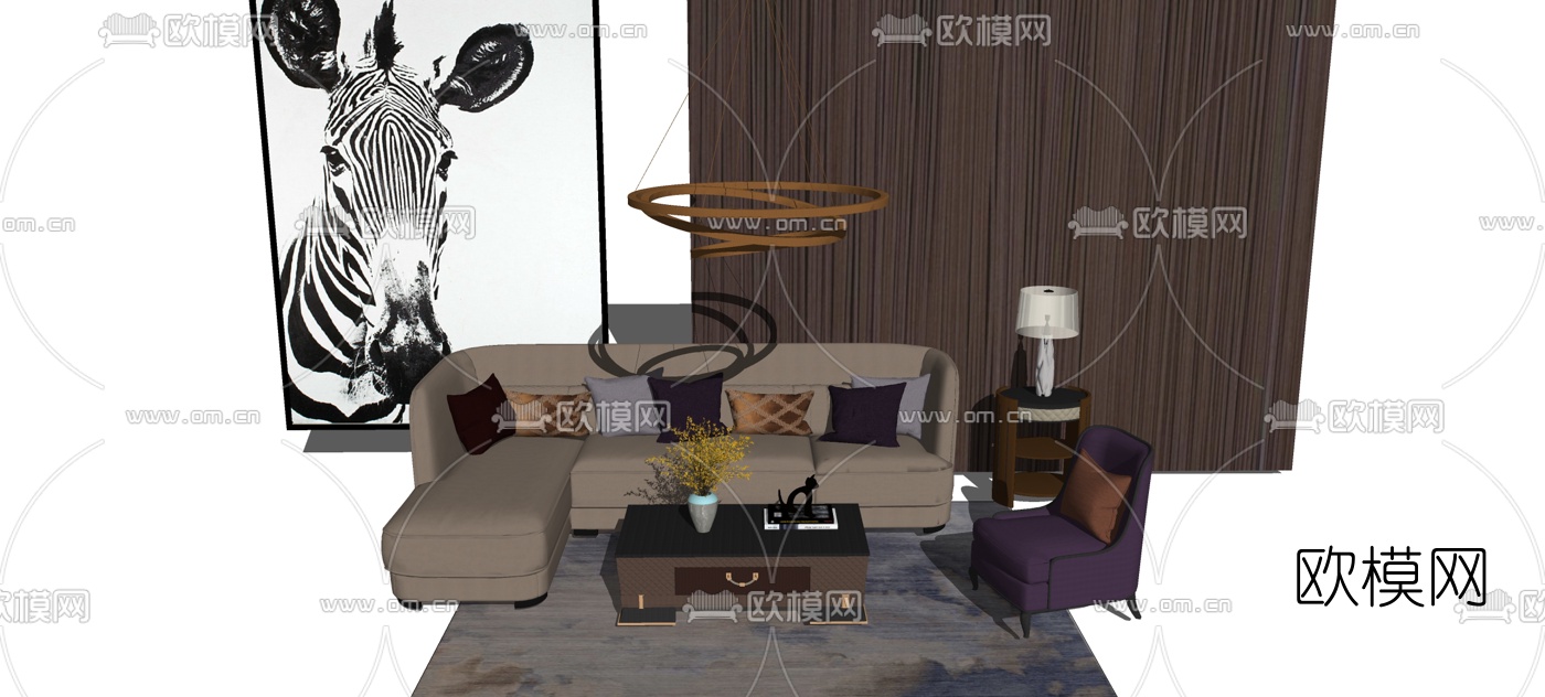 现代布艺沙发组合su模型下载（渲染图1）