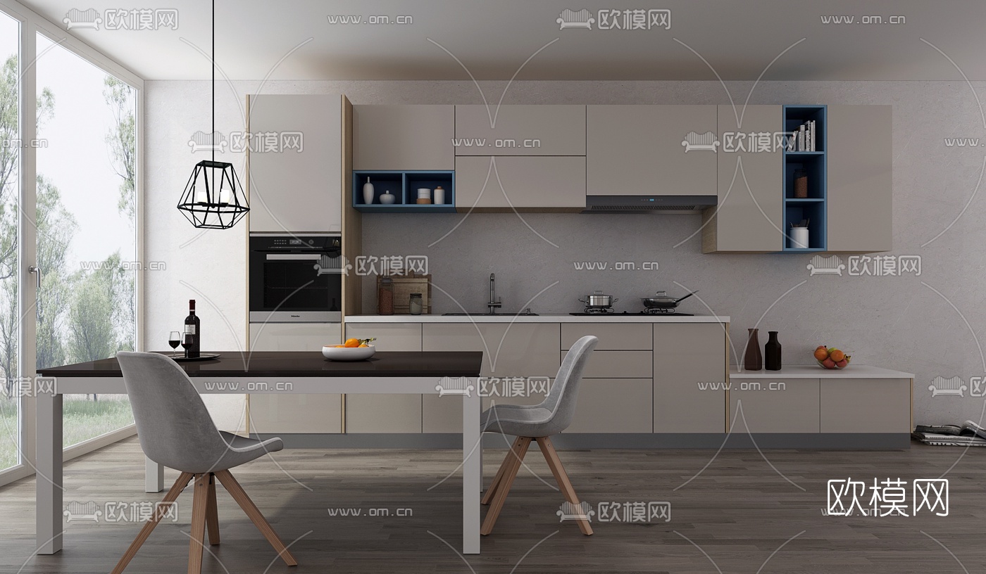 现代橱柜餐桌椅组合3d模型下载