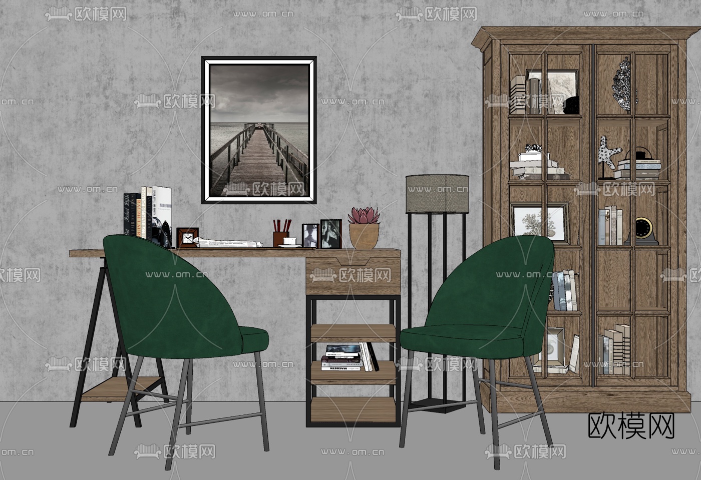 工业风实木书桌装饰柜su模型下载