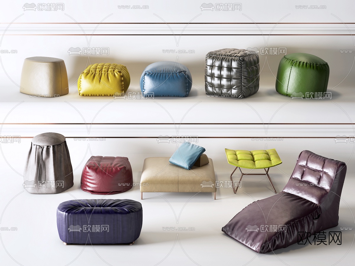 现代皮革懒人沙发矮凳组合3D模型下载