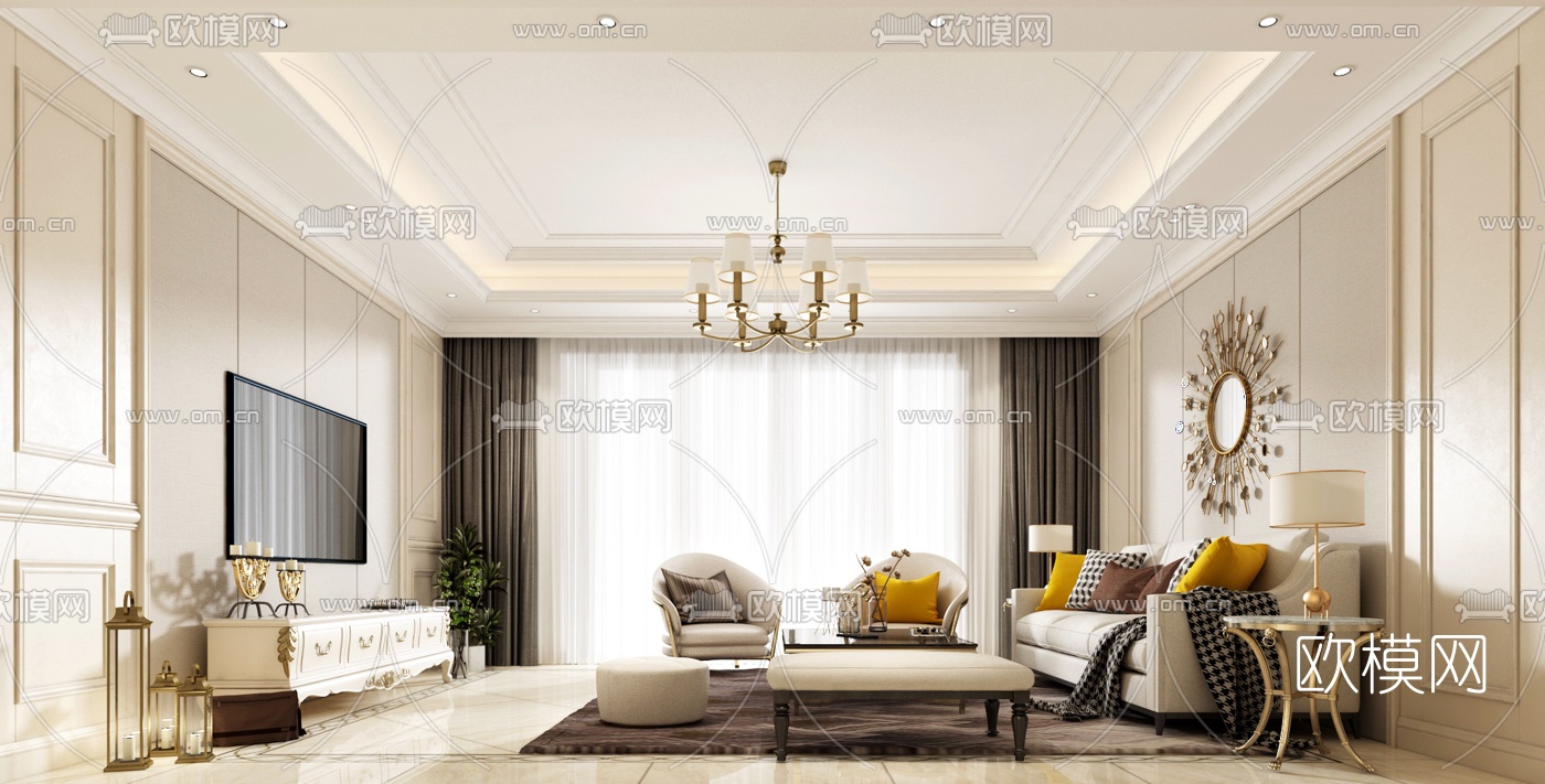 欧式客厅餐厅3D模型下载（渲染图1）