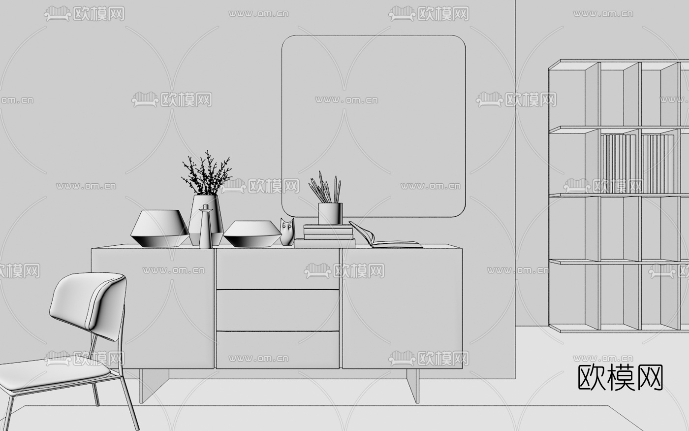 Calligaris  现代实木边柜陶瓷摆件单椅组合3D模型下载（渲染图2）