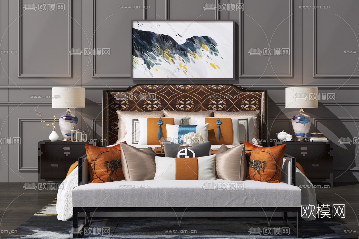 新中式双人床3d模型下载