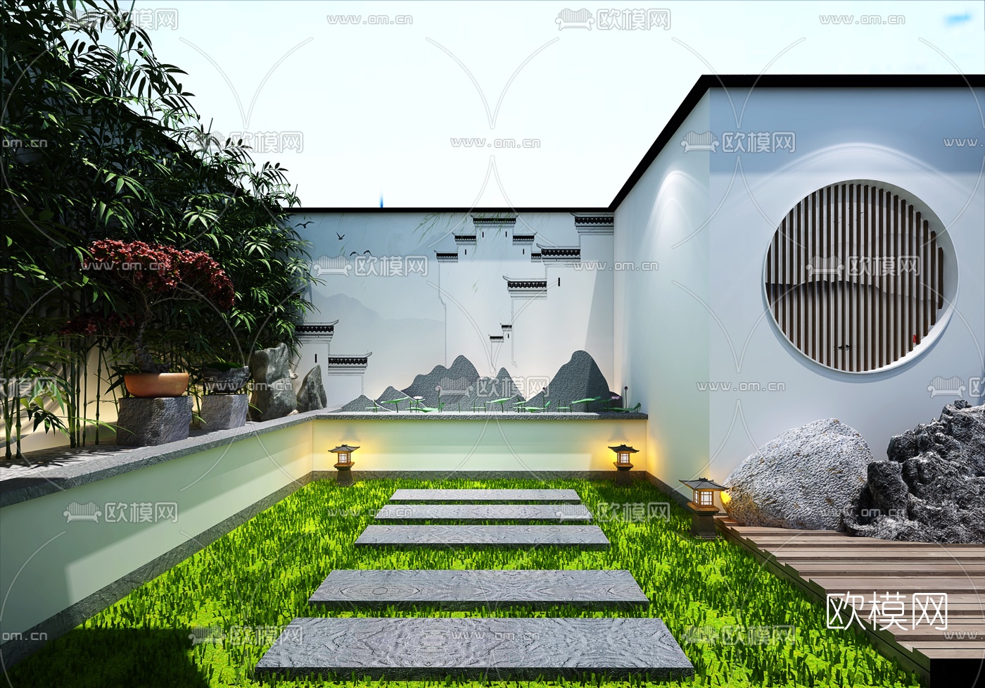 中式庭院花园3D模型-免费3dmax模型库-欧模网
