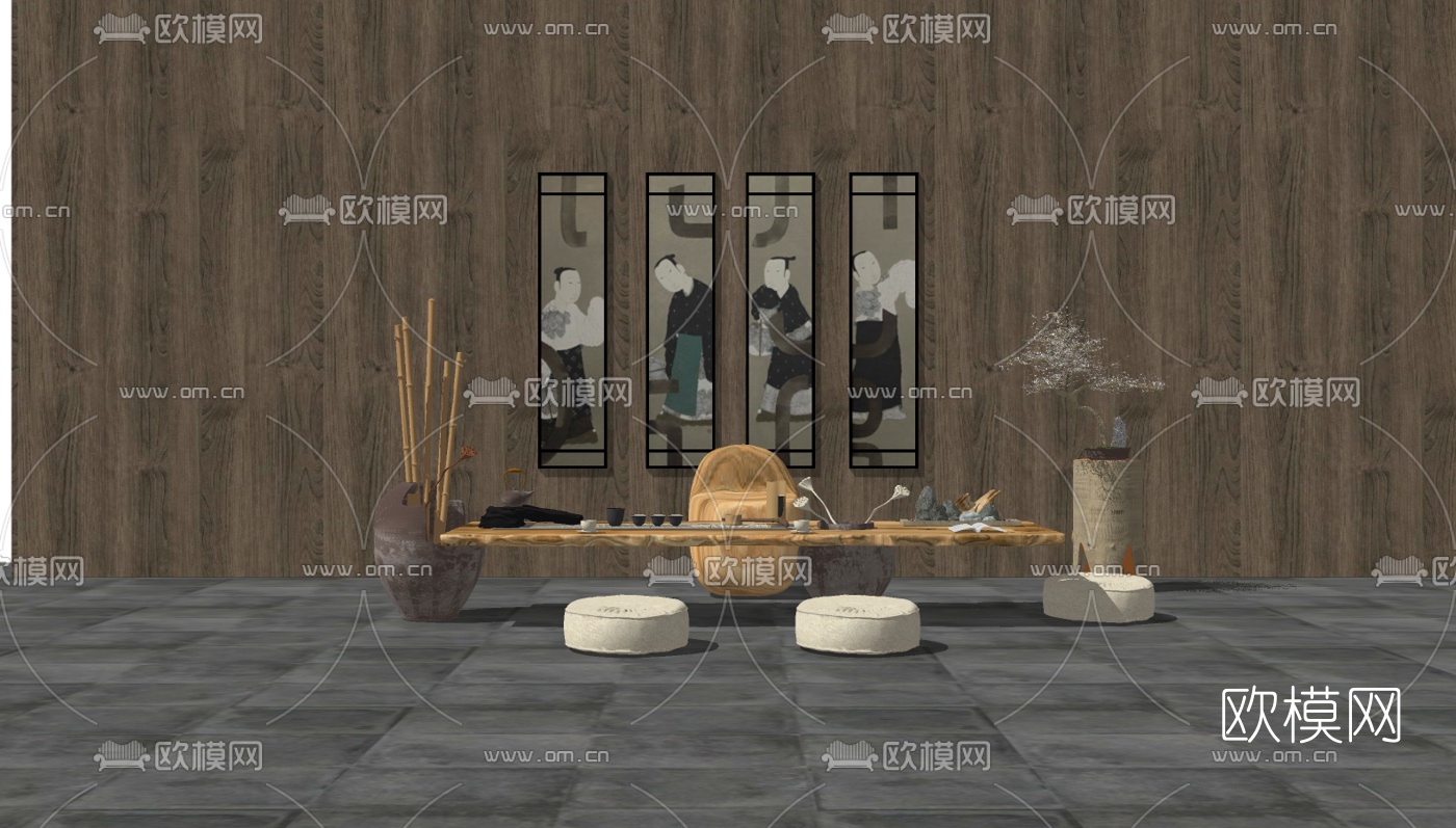 中式实木茶桌椅组合su模型下载（渲染图2）