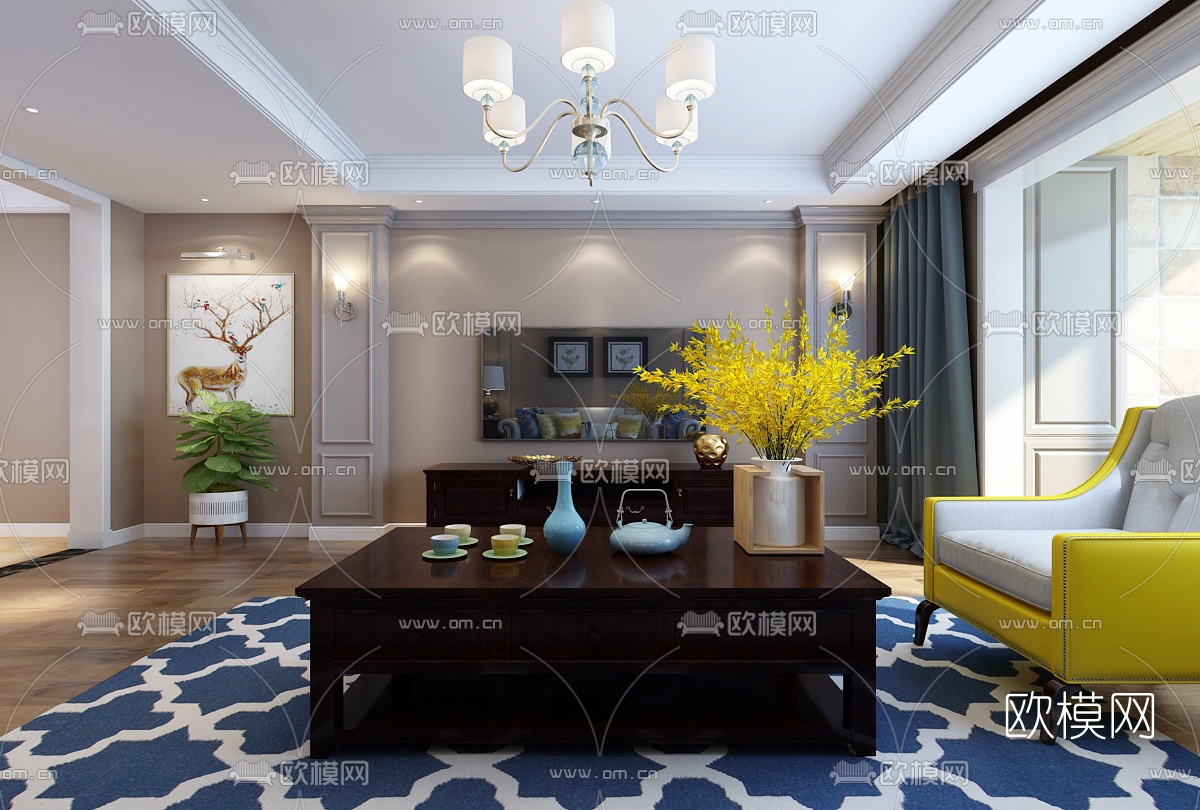 美式简约客厅餐厅3D模型下载（渲染图1）