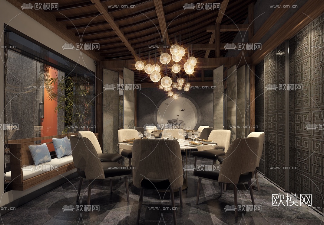 新中式餐厅包房3d模型-免费3dmax模型库-欧模网