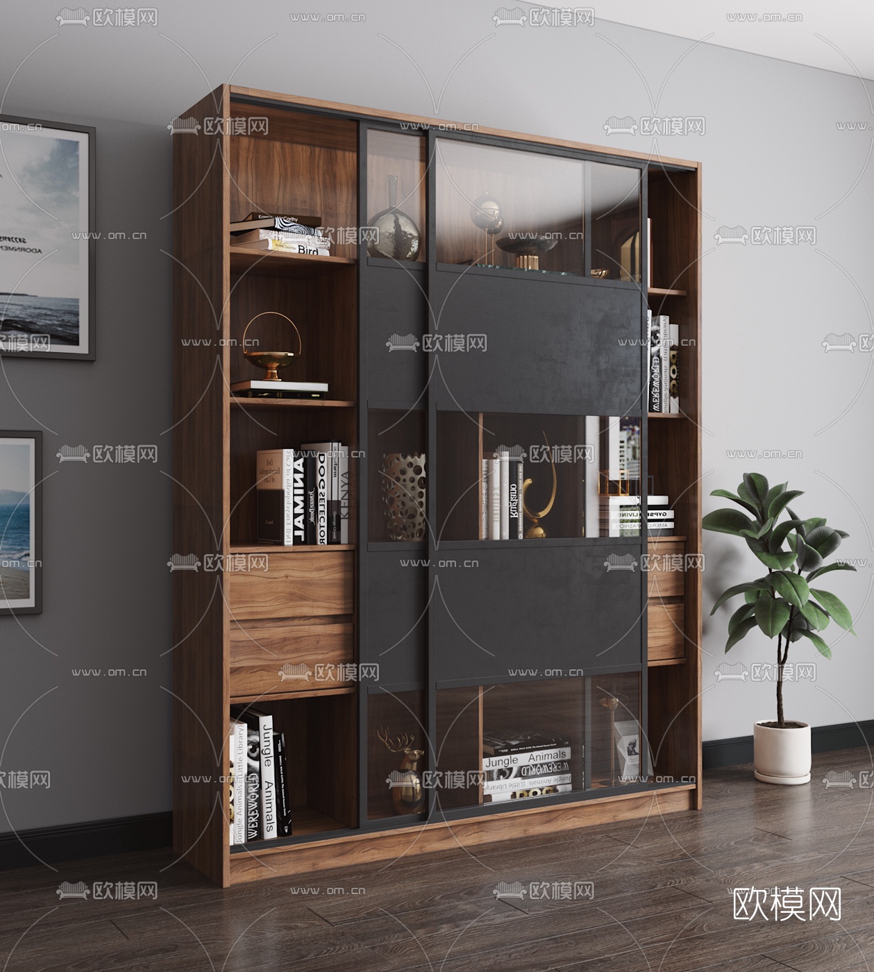 现代木质书柜3d模型-免费3dmax模型库-欧模网