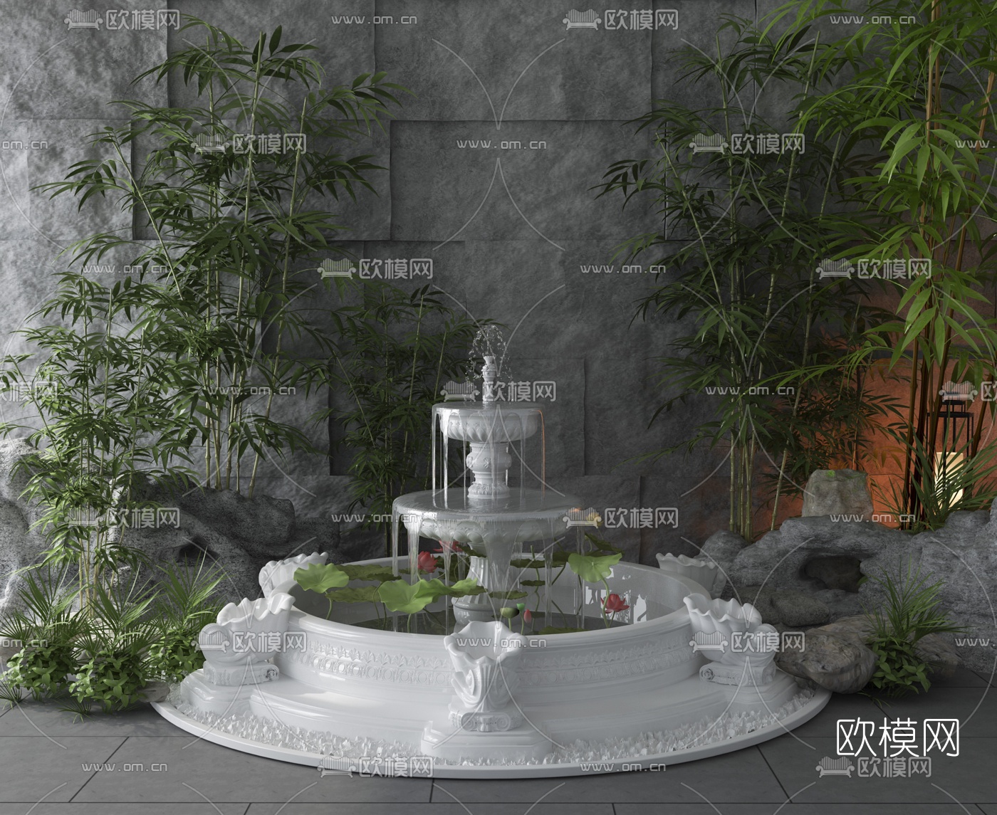 新中式喷泉水景竹子景观小品3d模型