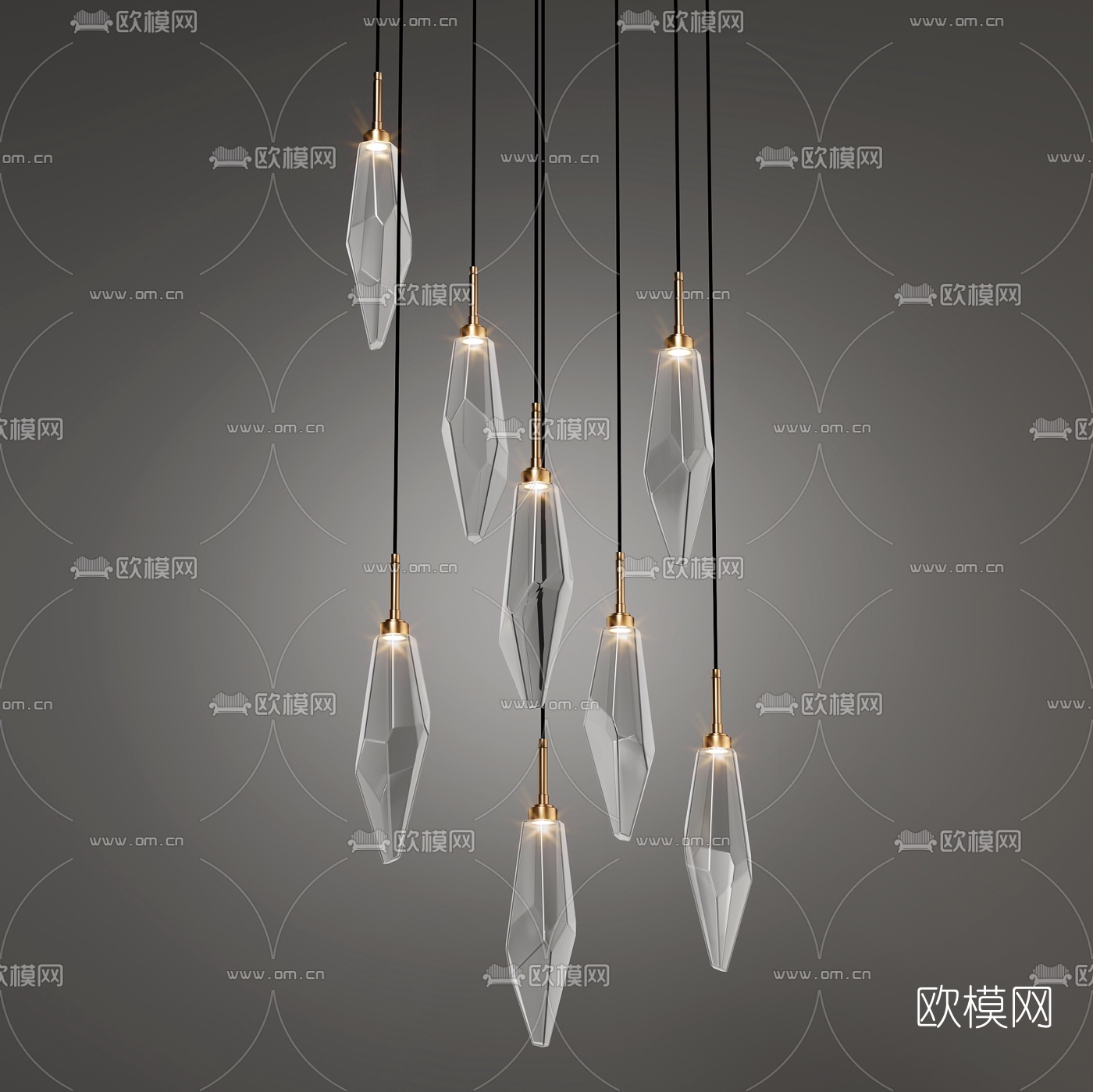 现代金属多头水晶吊灯组合3d模型下载（渲染图3）