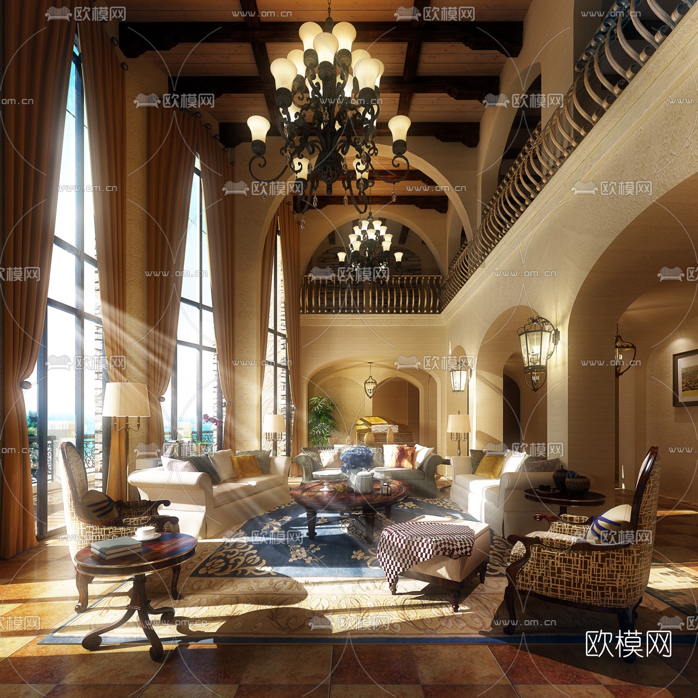 欧式别墅客厅3D模型下载（渲染图1）