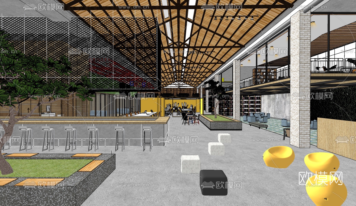工业风办公区免费su模型下载（渲染图1）