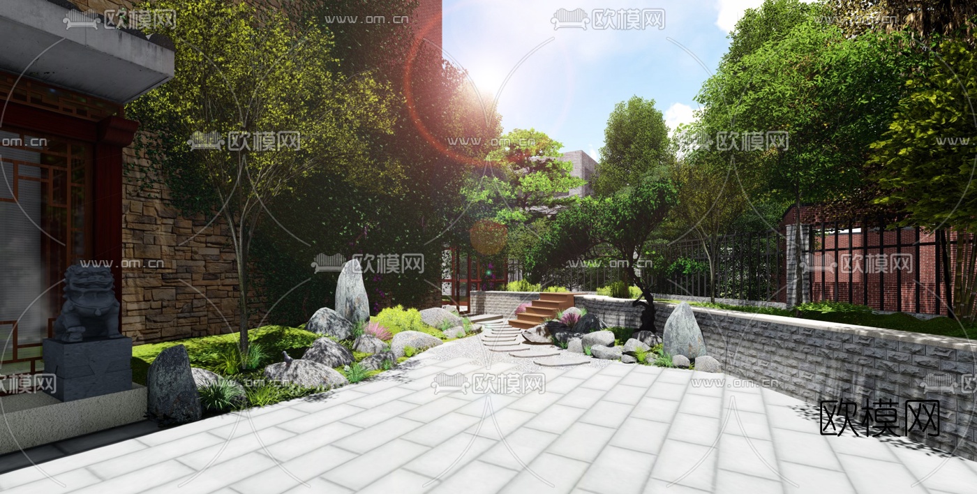 新中式庭院景观su模型下载（渲染图1）