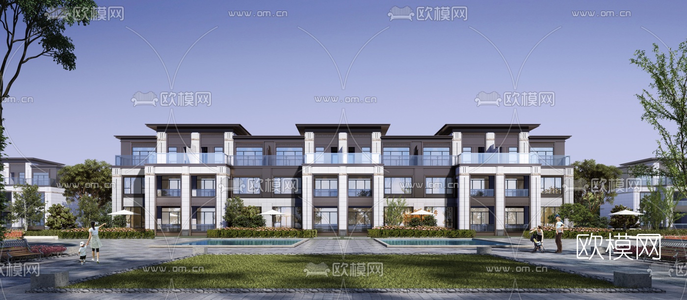 新中式联排别墅外观3d模型下载