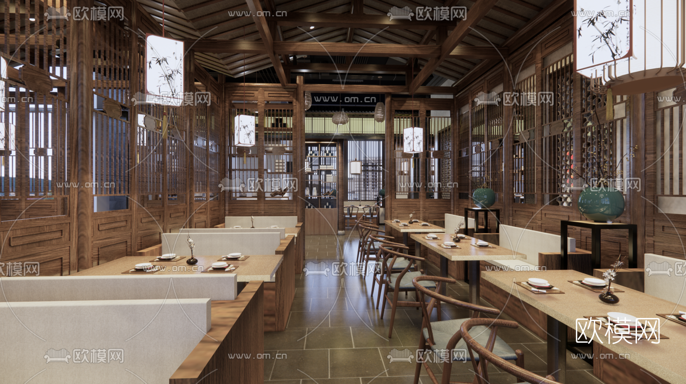新中式中餐厅su模型下载（渲染图1）