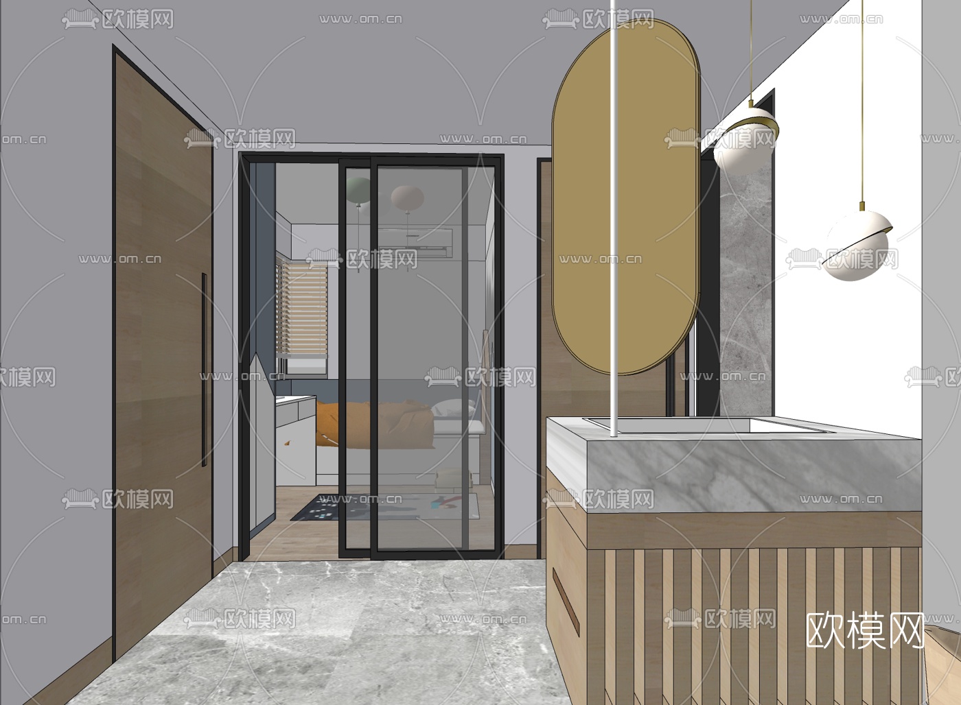 北欧客厅餐厅su模型下载（渲染图3）