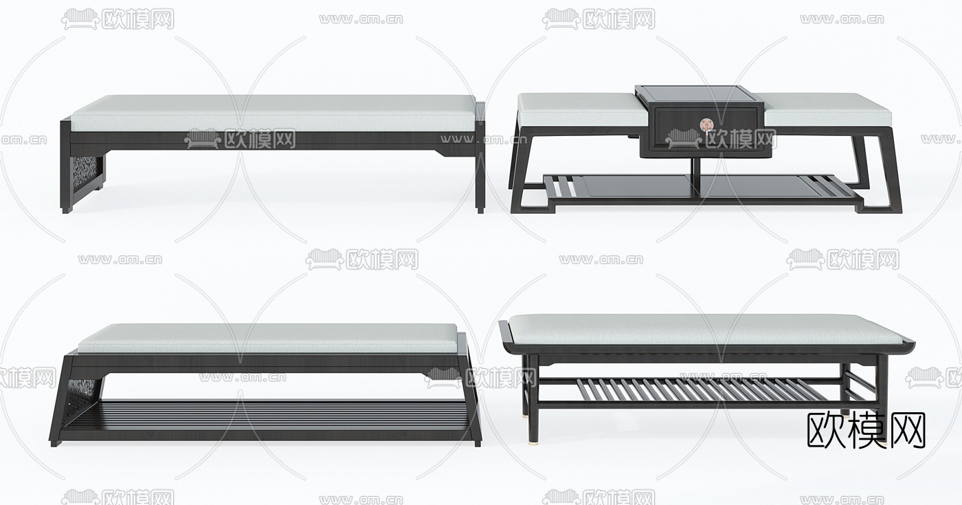 新中式实木脚踏床尾凳3d模型下载