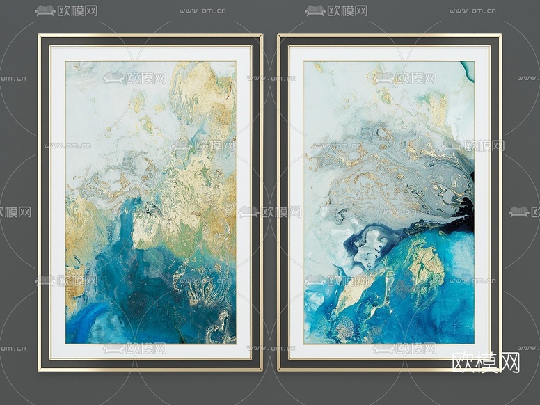 现代抽象蓝色海洋装饰画组合3D模型下载
