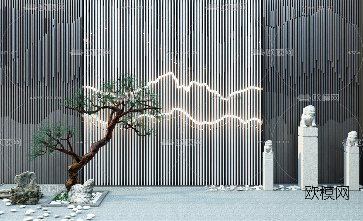 中式松树石雕小品3d模型