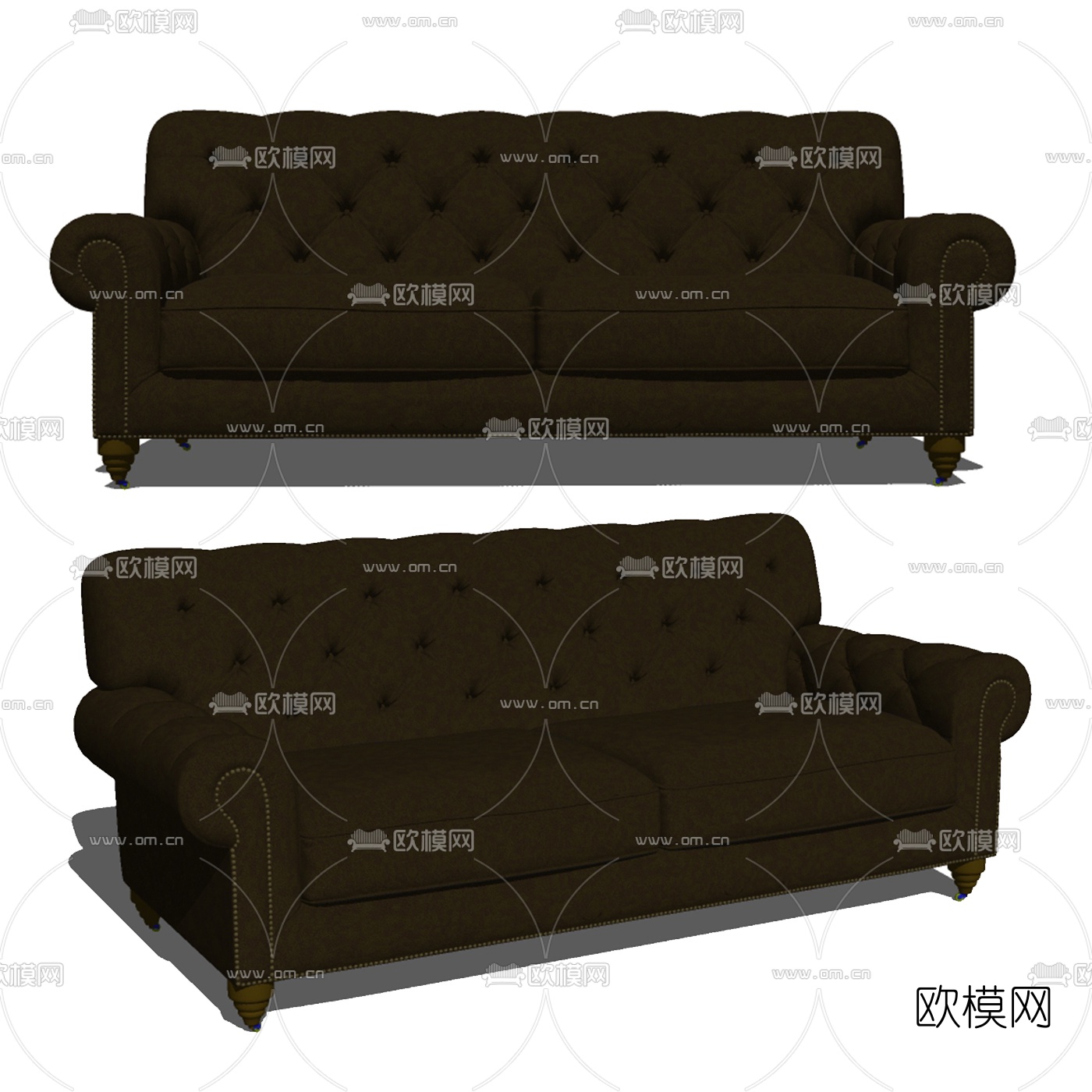 欧式棕褐色皮革双人沙发免费su模型下载