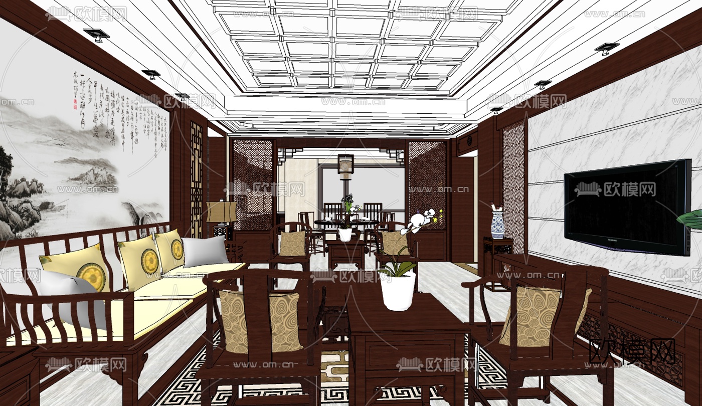新中式客餐厅免费su模型下载（渲染图2）