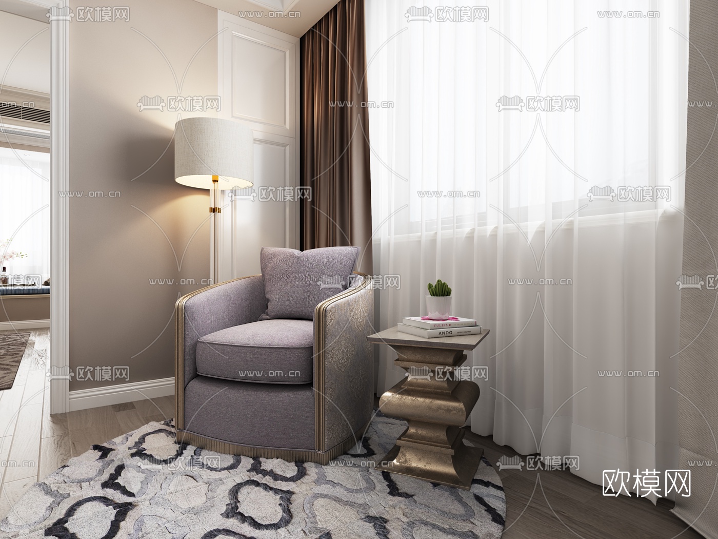 美式单人沙发角几摆件组合3D模型下载