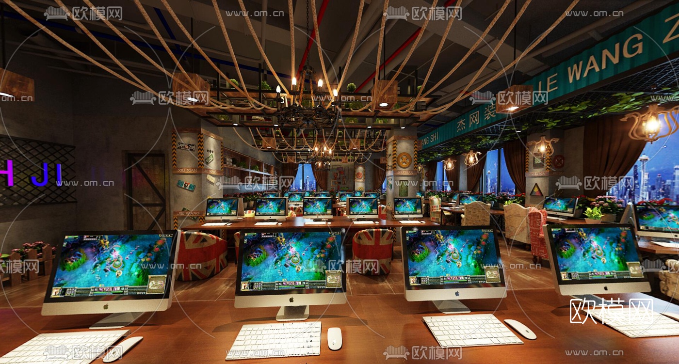 工业风网咖全景3d模型