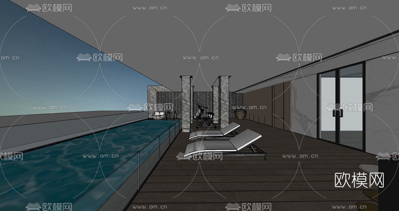 新中式会所泳池su模型下载（渲染图2）