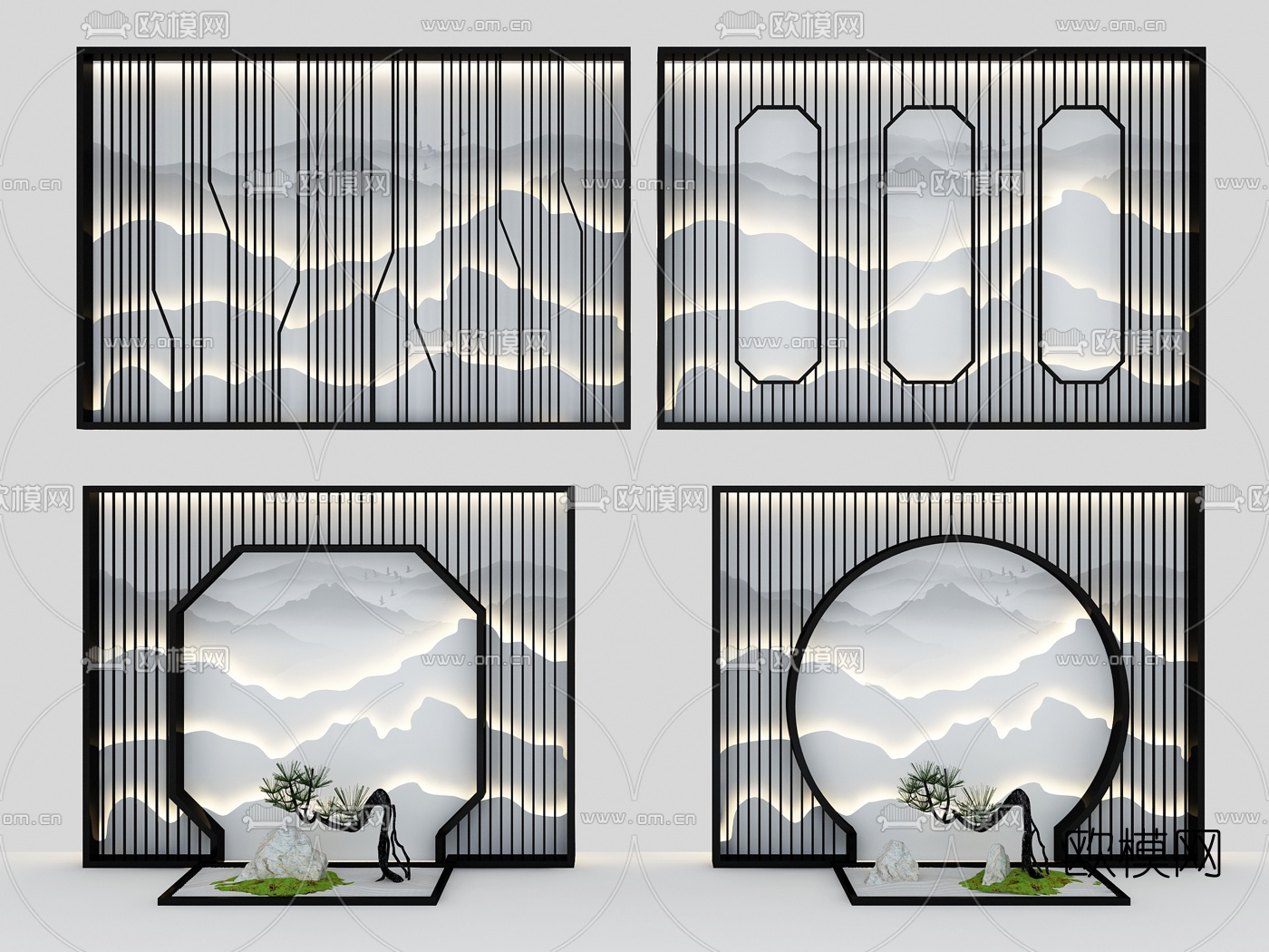 新中式花格山水背景牆3d模型