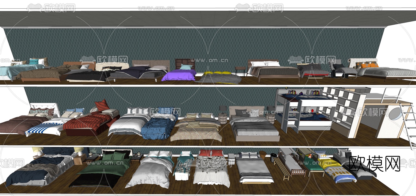 现代床具组合su模型下载