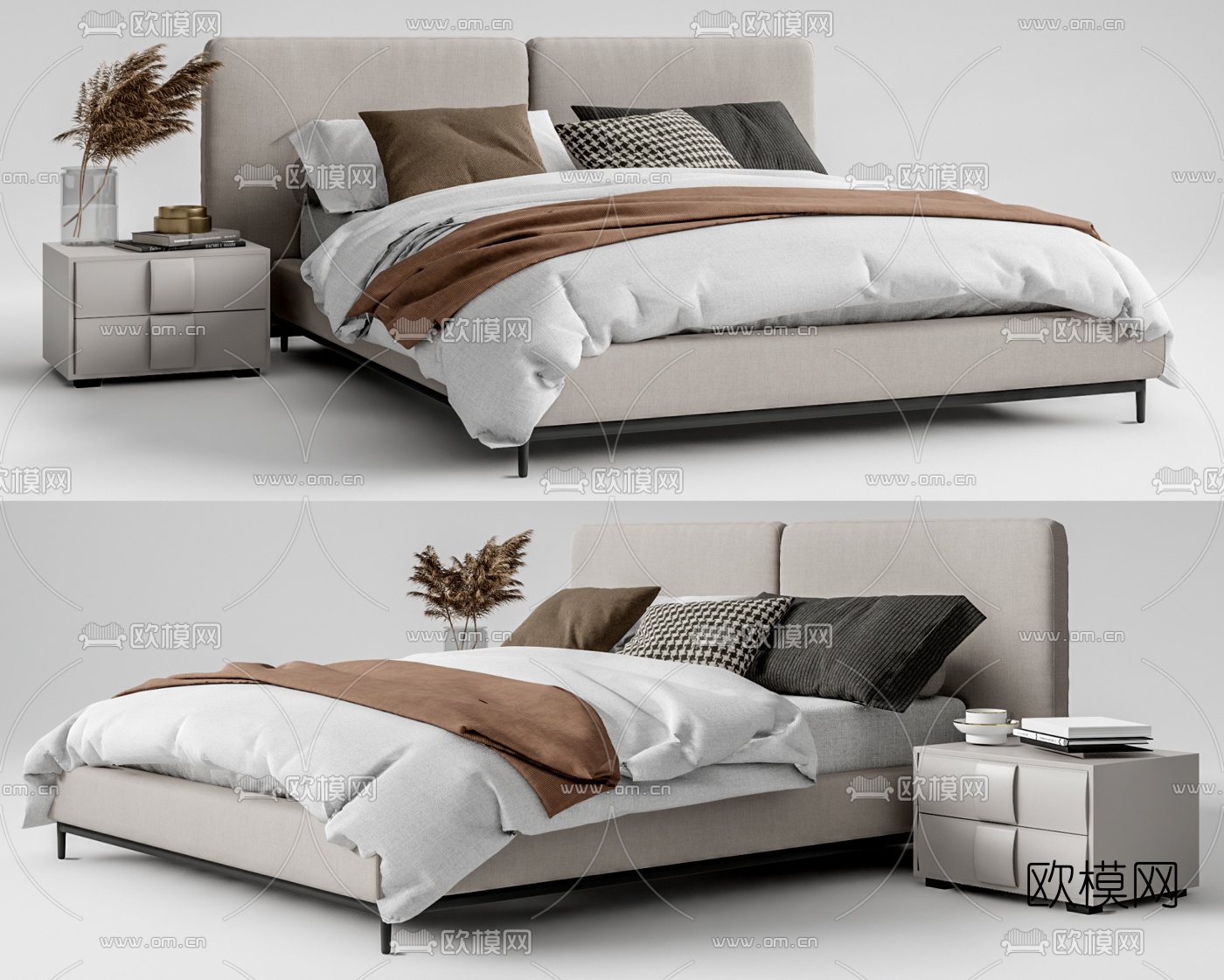 现代布艺双人床su模型下载（渲染图1）