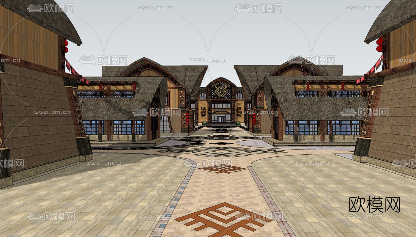 黎族风商业街su模型下载（渲染图3）