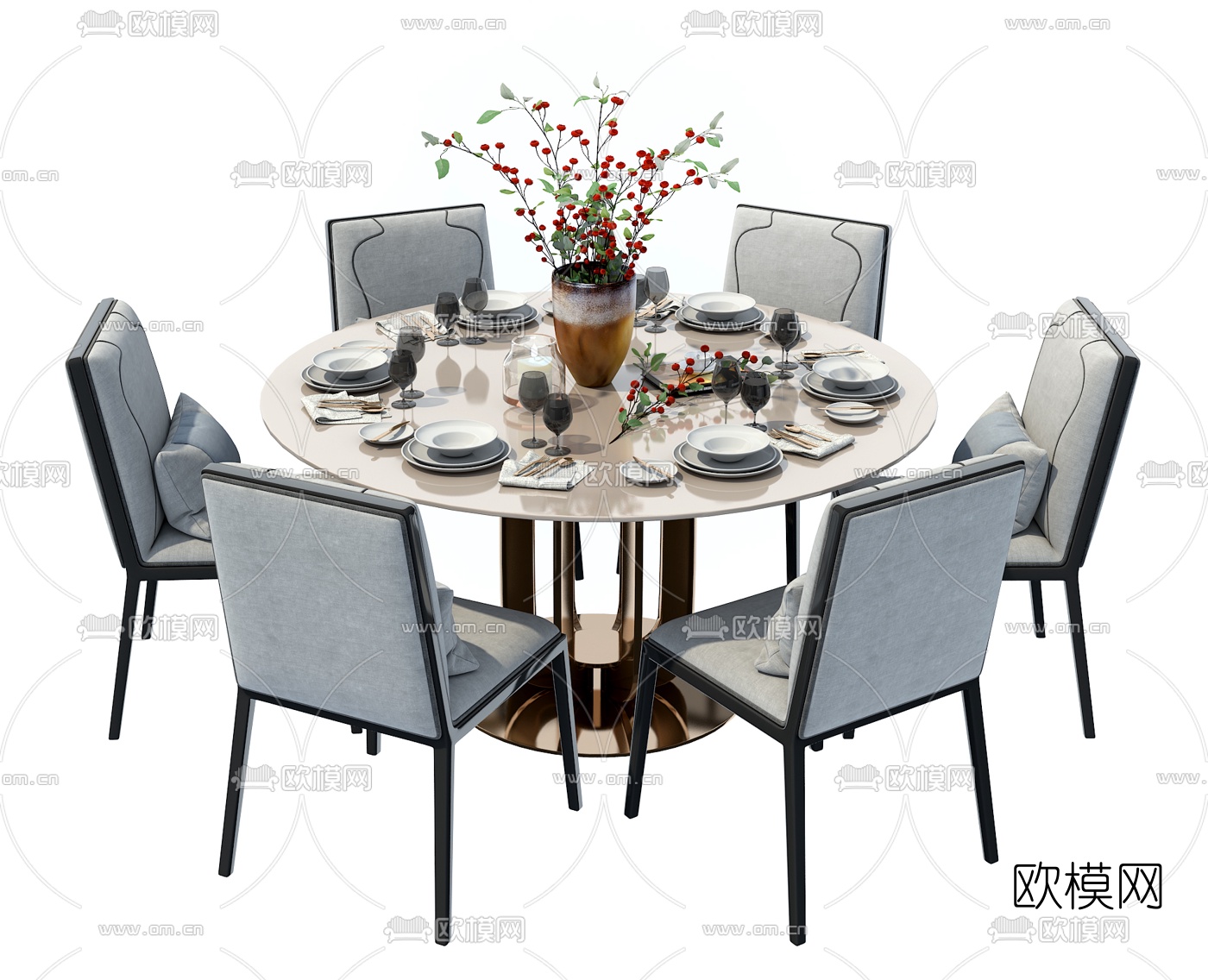 新中式金属圆形餐桌椅组合3d模型下载