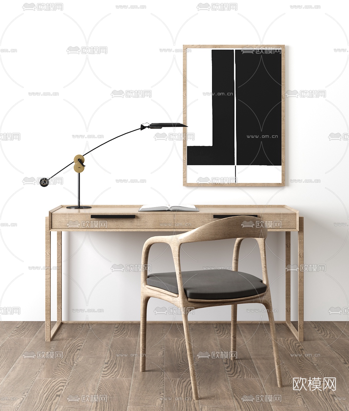 北欧实木书桌椅3D模型下载